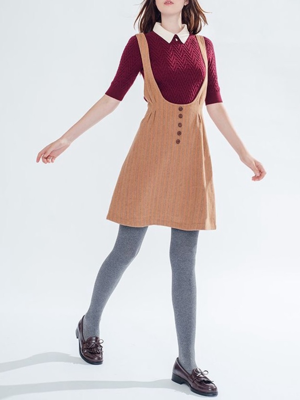 Miss Patina Perthshire Dungarees Wool Overalls Dress Camel stripe